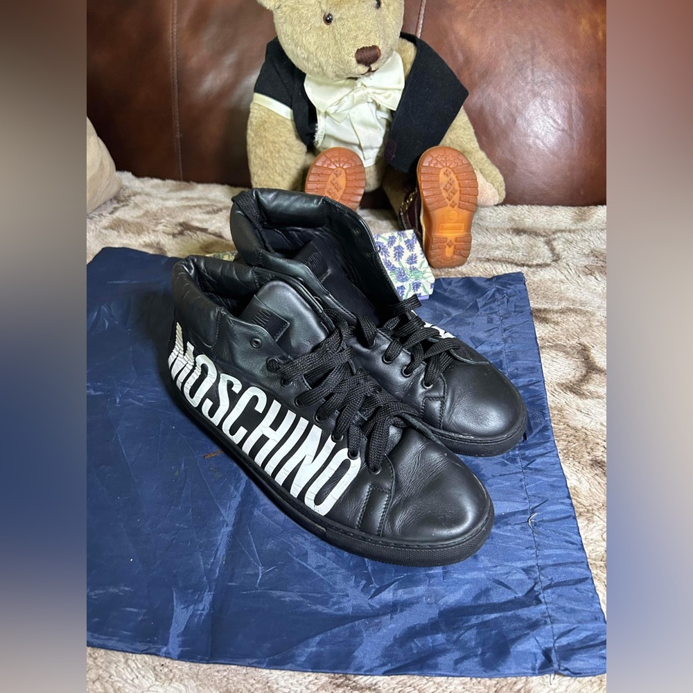 Moschino Men's Italy Black Leather Sneakers Shoe Size US 12 EU 45